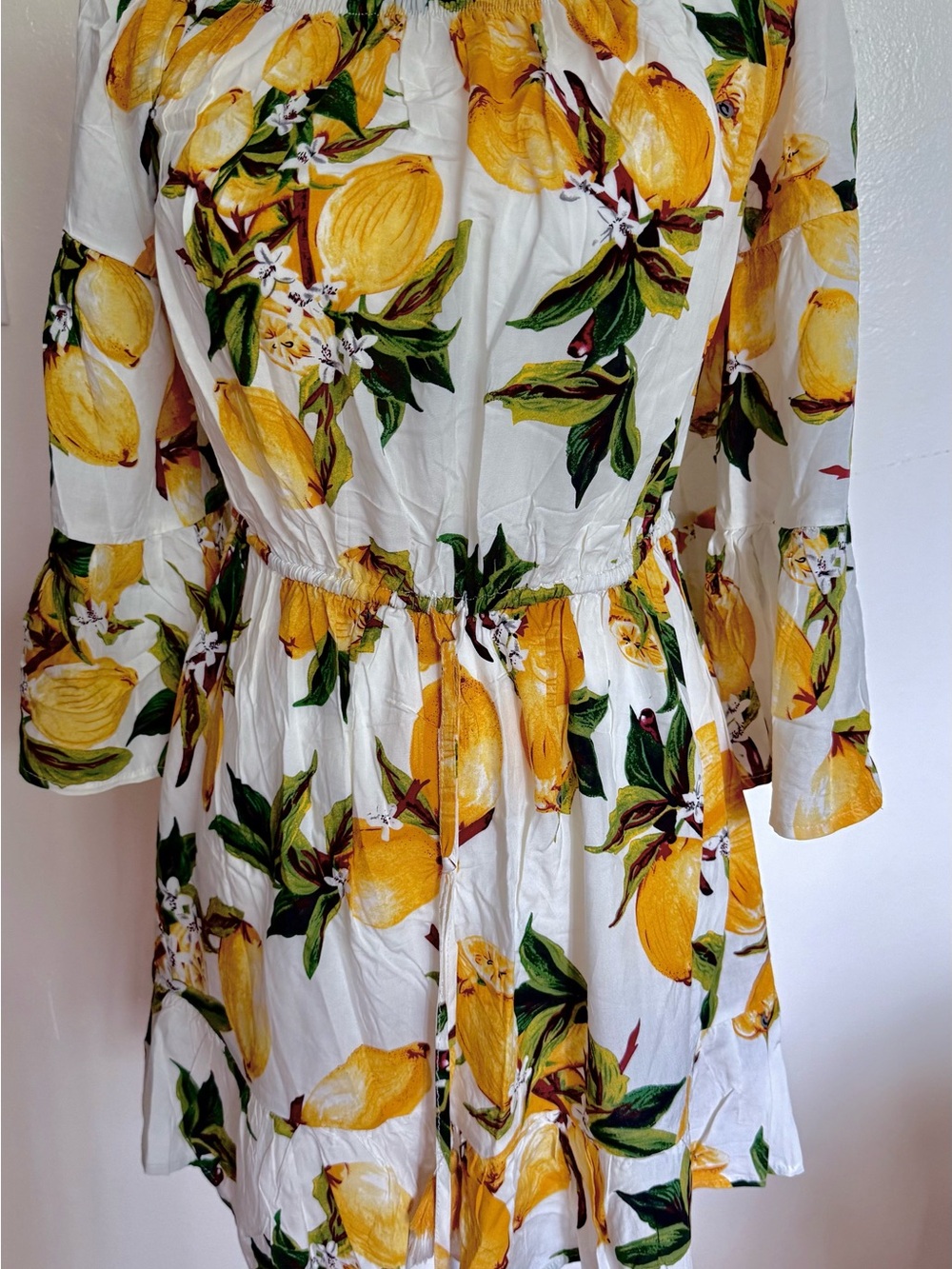 Off-Shoulder Lemon-Print Mini Dress - Yellow/White